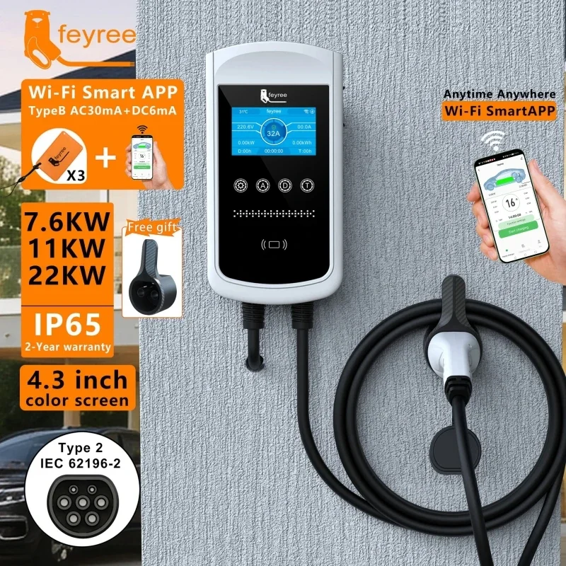 شاحن سيارات كهربائية Feyree من - مراجعة Ev Charger Type 2 22Kw 32A 3 Phase وسعره